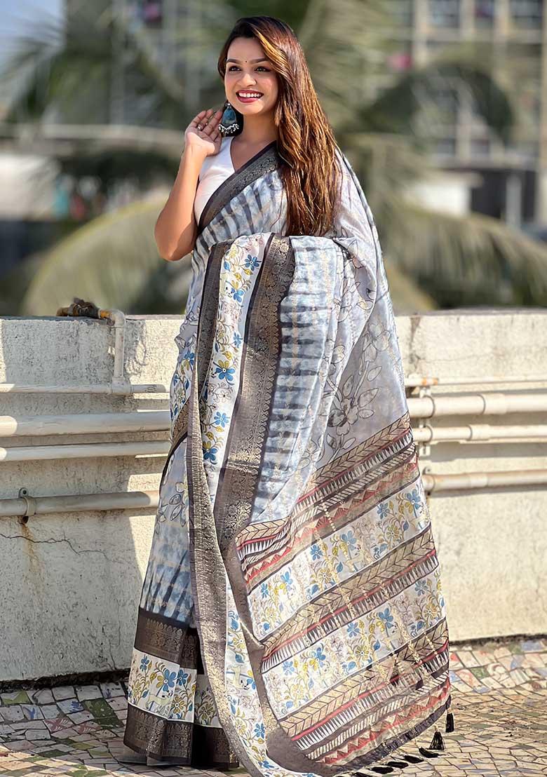 Grey Abstract Print Chanderi Saree Set