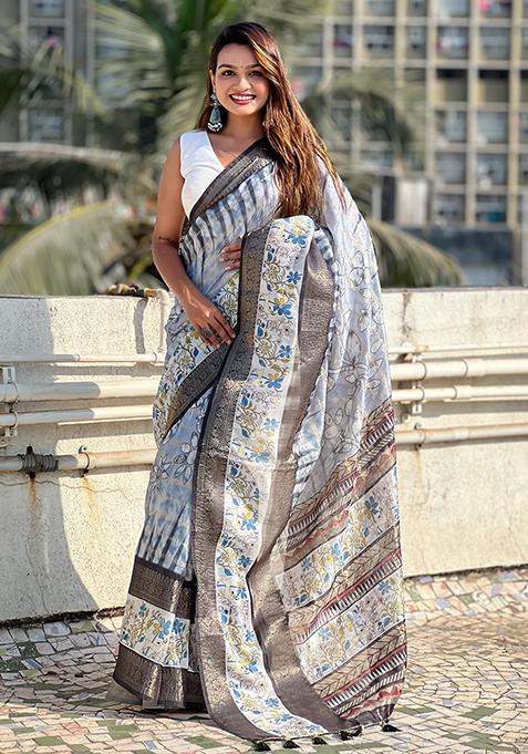 Grey Abstract Print Chanderi Saree Set