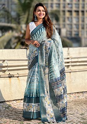 Blue Abstract Print Chanderi Saree Set