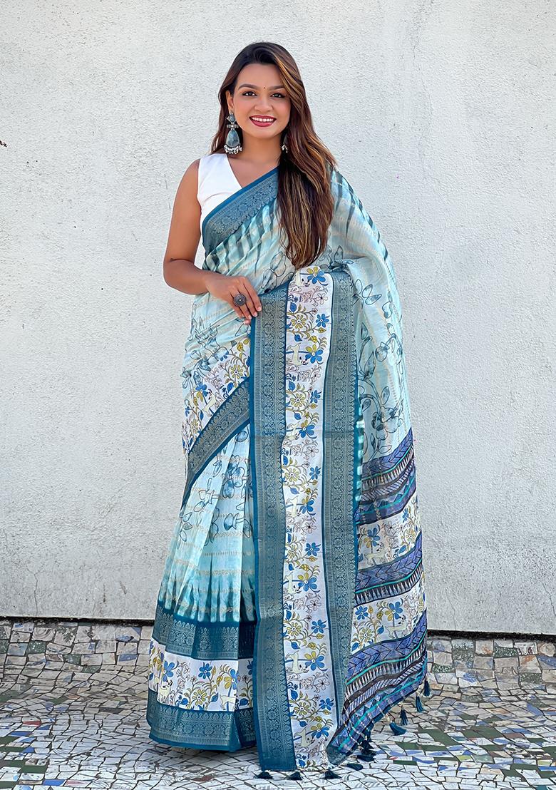 Blue Abstract Print Chanderi Saree Set