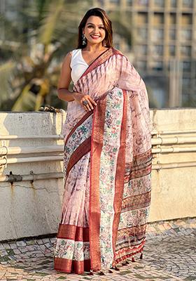 Maroon Abstract Print Chanderi Saree Set