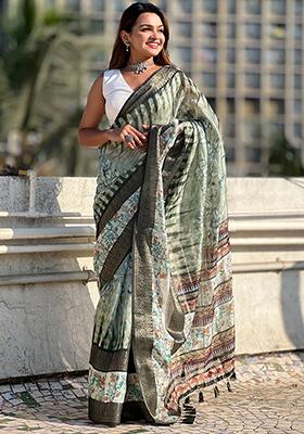 Green Abstract Print Chanderi Saree Set