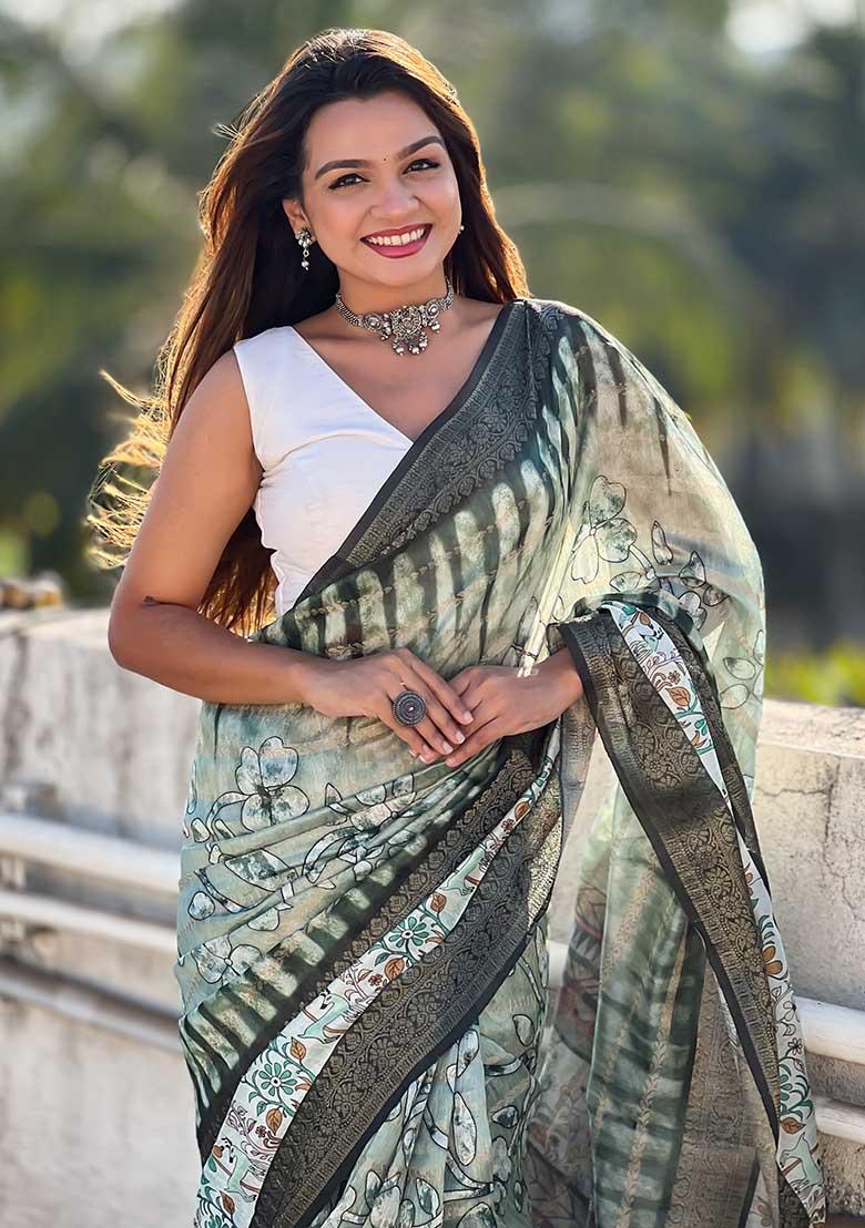 Green Abstract Print Chanderi Saree Set