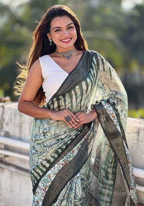 Green Abstract Print Chanderi Saree Set