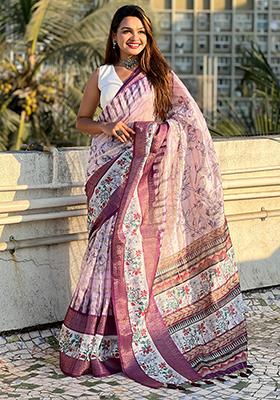 Purple Abstract Print Chanderi Saree Set