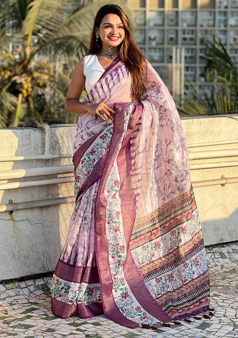 Purple Abstract Print Chanderi Saree Set - Indya