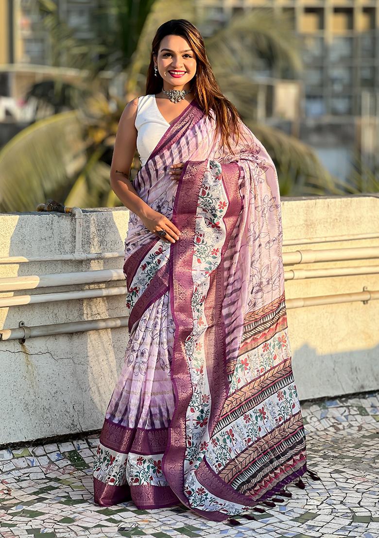 Purple Abstract Print Chanderi Saree Set