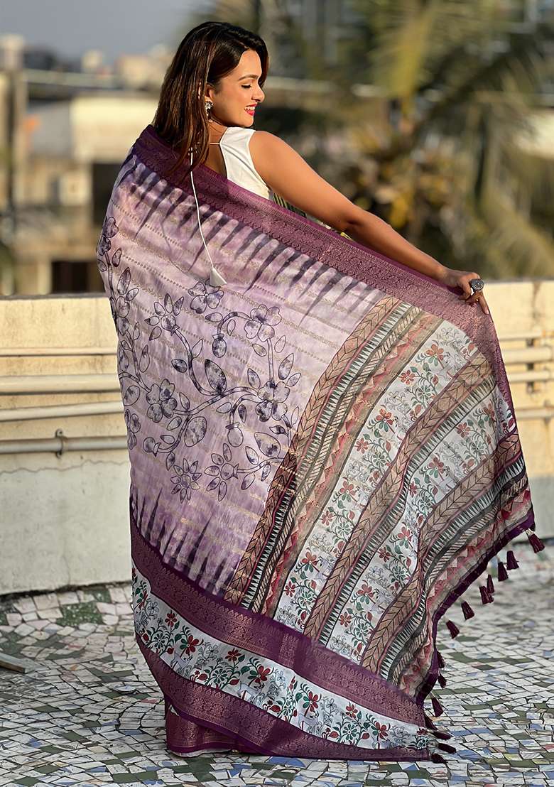 Purple Abstract Print Chanderi Saree Set - Indya