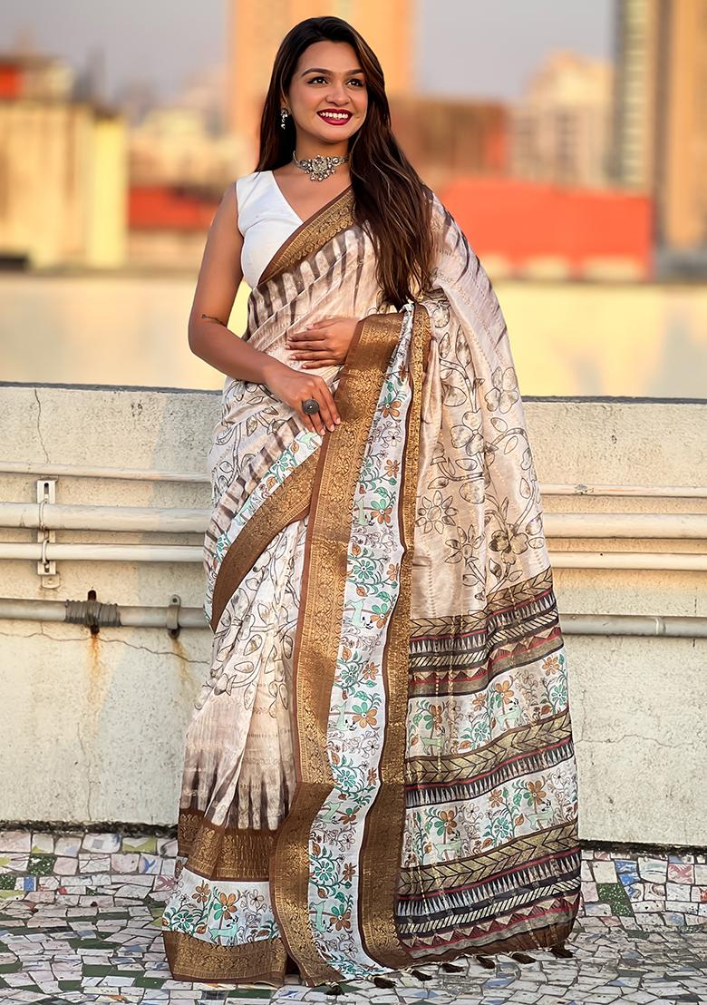 Brown Abstract Print Chanderi Saree Set