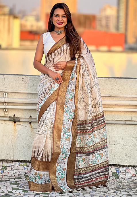 Brown Abstract Print Chanderi Saree Set
