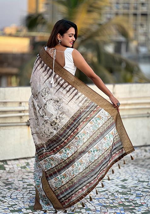 Brown Abstract Print Chanderi Saree Set