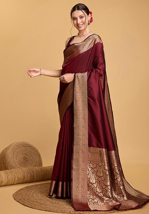 Maroon Zari Woven Silk Saree Set