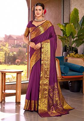 Purple Zari Woven Silk Saree Set