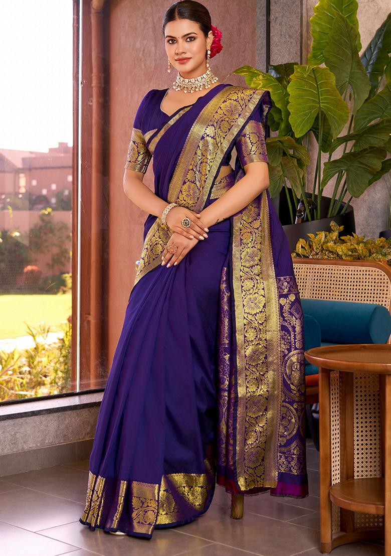 Violet Zari Woven Silk Saree Set