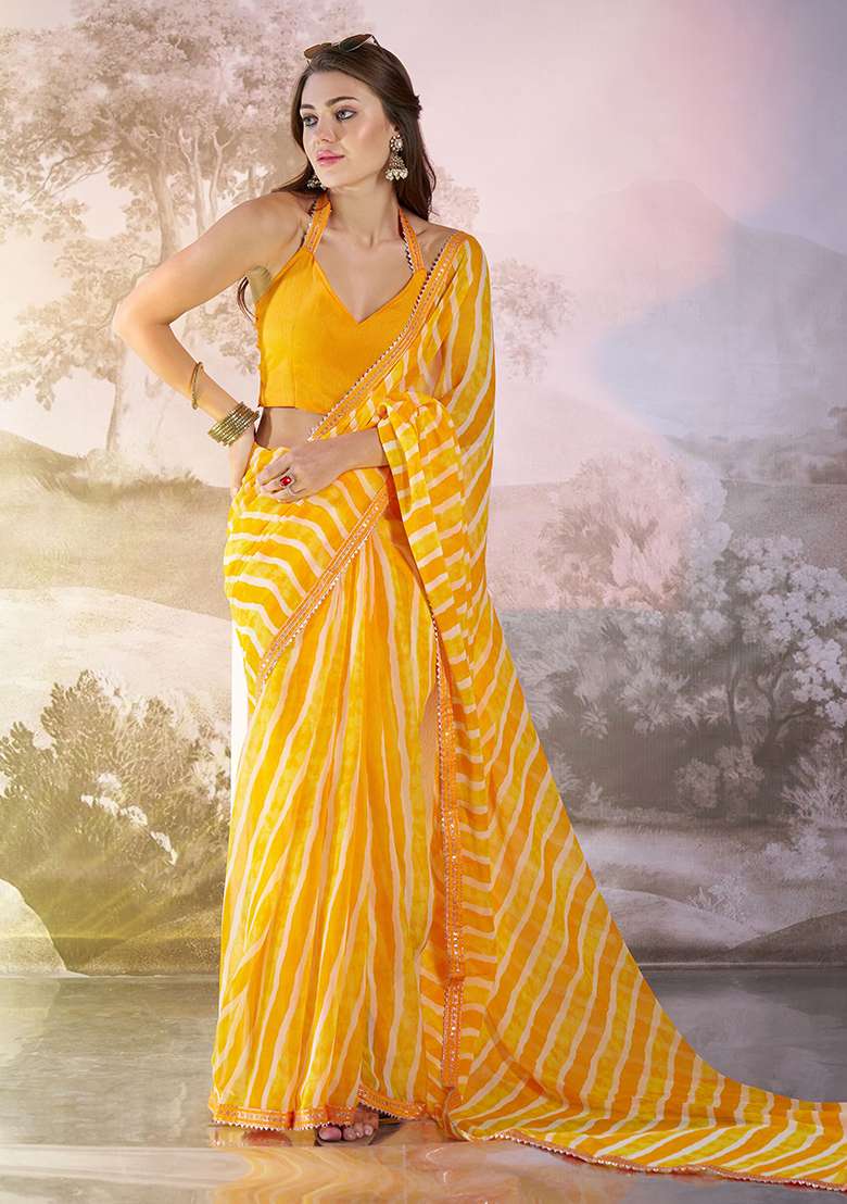Yellow Abstract Print Georgette Saree Set - Indya