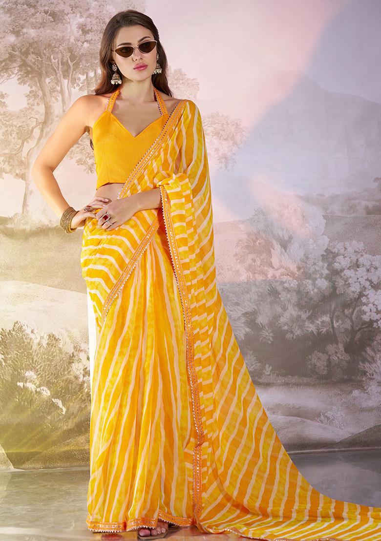 Yellow Abstract Print Georgette Saree Set