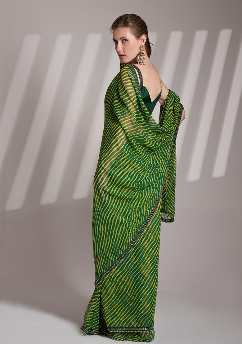 Green Abstract Print Georgette Saree Set