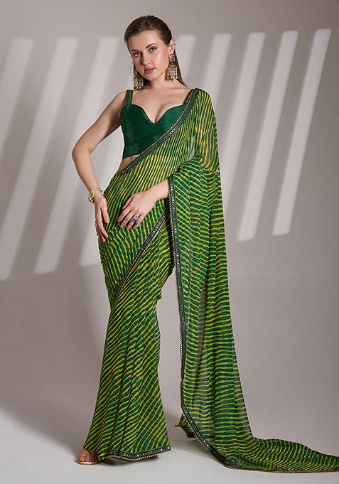 Green Abstract Print Georgette Saree Set