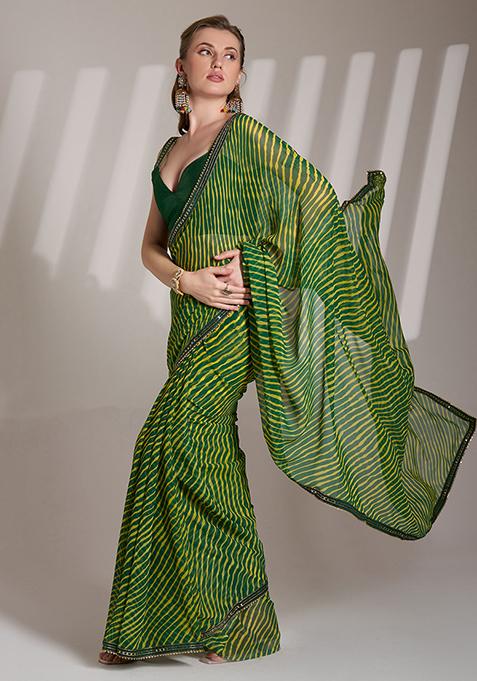 Green Abstract Print Georgette Saree Set