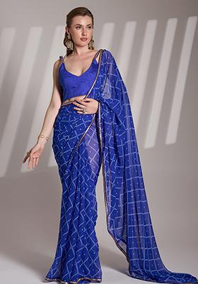Blue Abstract Print Georgette Saree Set