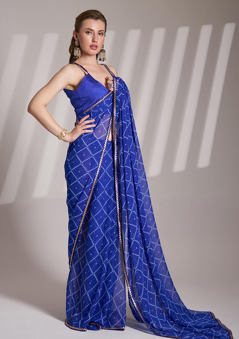 Blue Abstract Print Georgette Saree Set