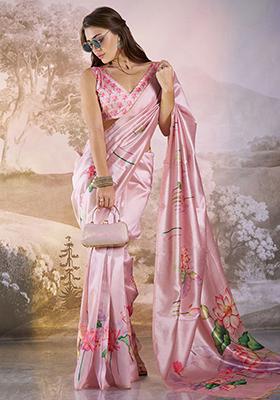 Pink Abstract Print Poly Blend Saree Set