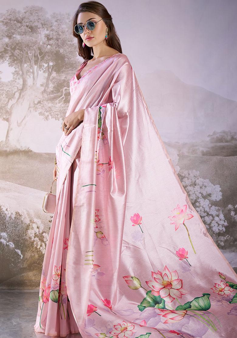 Pink Abstract Print Poly Blend Saree Set