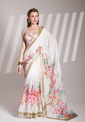 Off White Abstract Print Poly Blend Saree Set