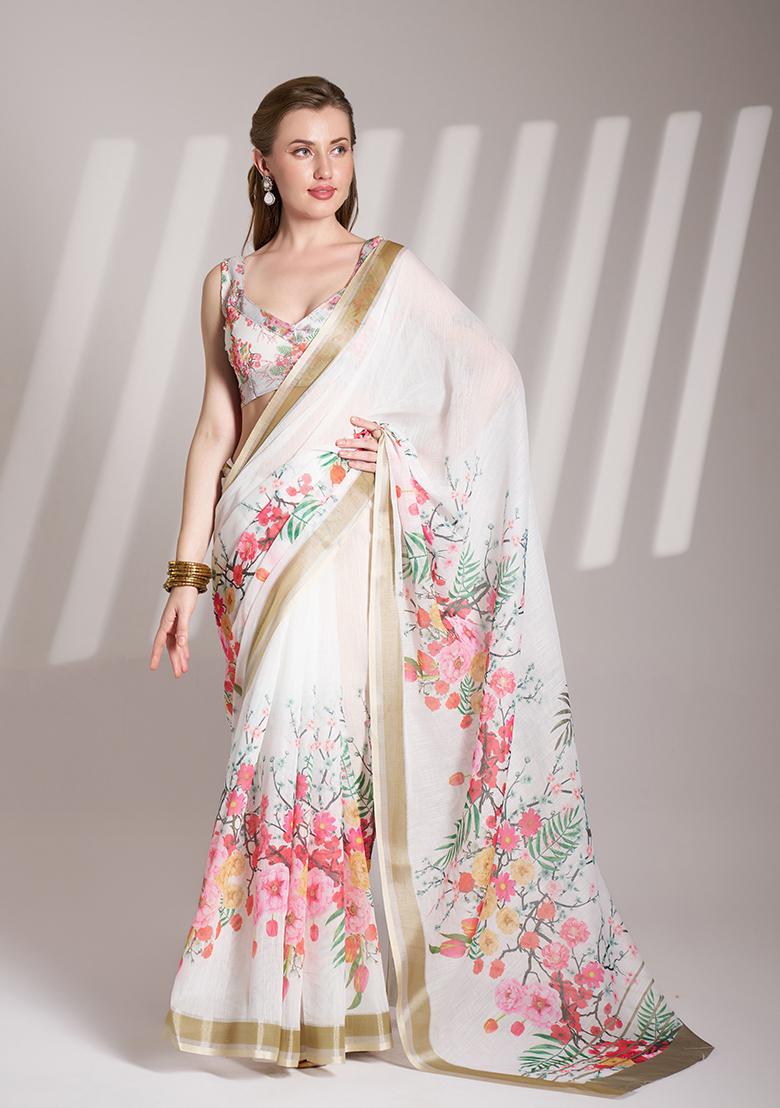 Off White Abstract Print Poly Blend Saree Set