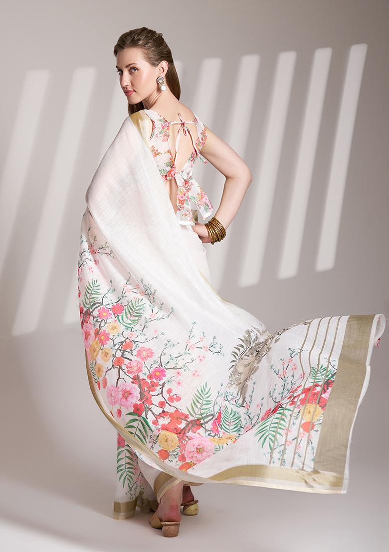 Off White Abstract Print Poly Blend Saree Set