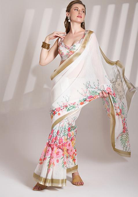 Off White Abstract Print Poly Blend Saree Set