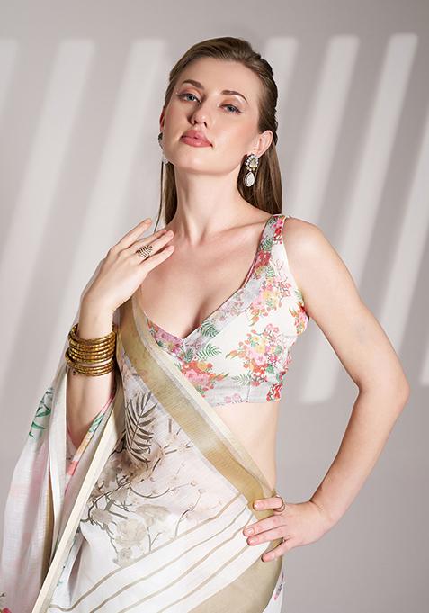 Off White Abstract Print Poly Blend Saree Set