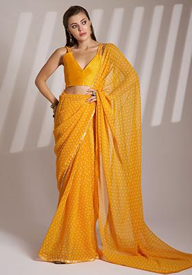Mustard Abstract Print Georgette Saree Set