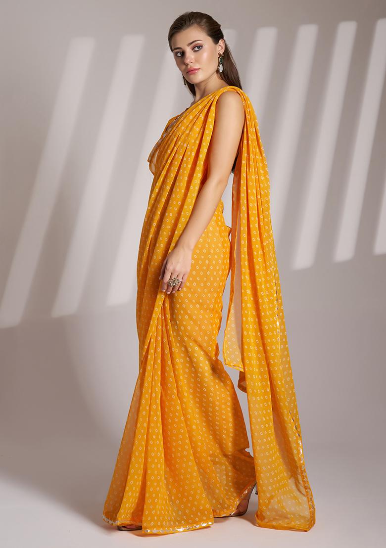 Mustard Abstract Print Georgette Saree Set