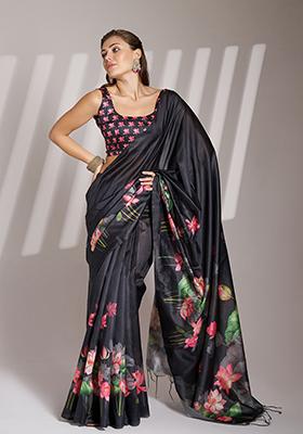 Black Abstract Print Poly Blend Saree Set