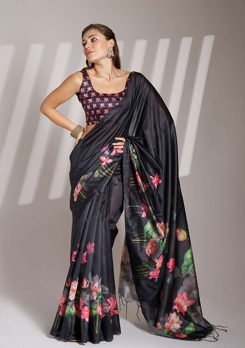Black Abstract Print Poly Blend Saree Set - Indya