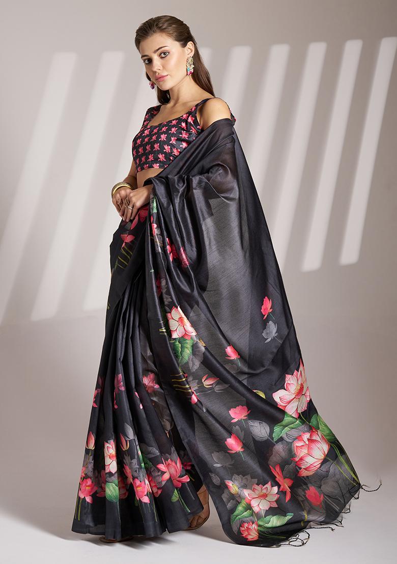 Black Abstract Print Poly Blend Saree Set