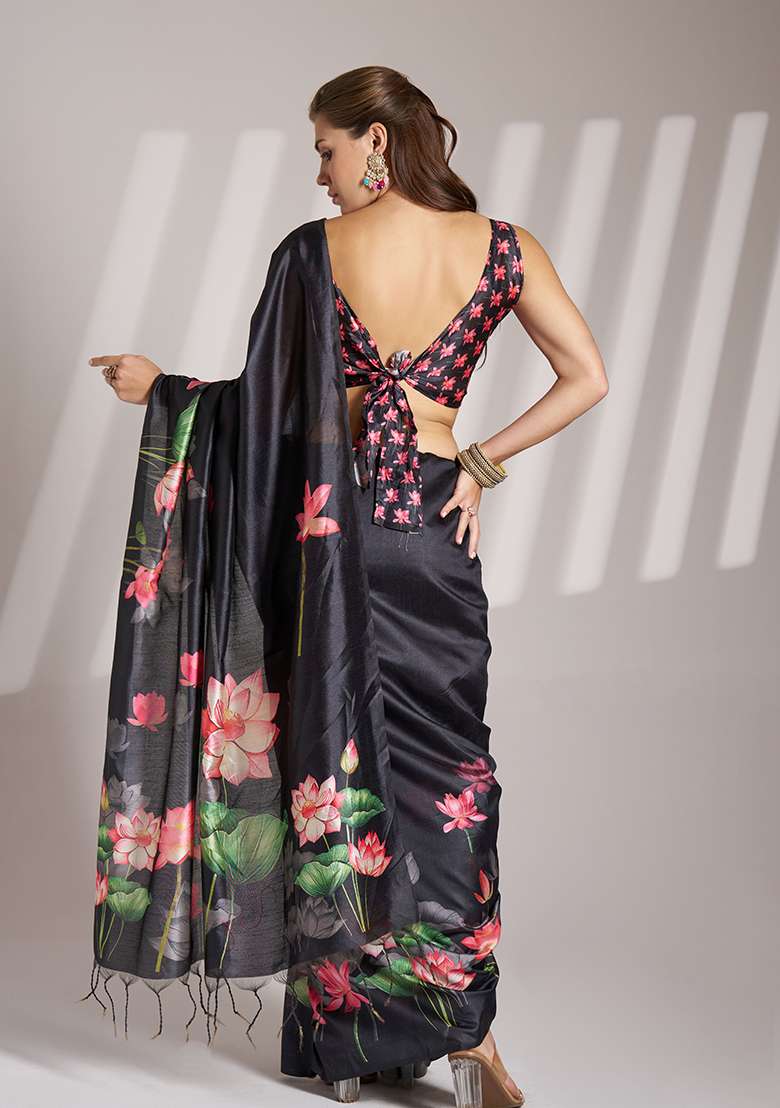 Black Abstract Print Poly Blend Saree Set - Indya