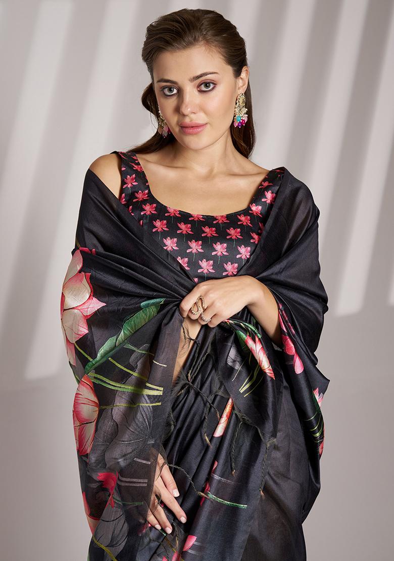 Black Abstract Print Poly Blend Saree Set