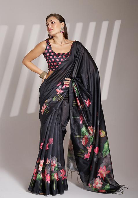 Black Abstract Print Poly Blend Saree Set