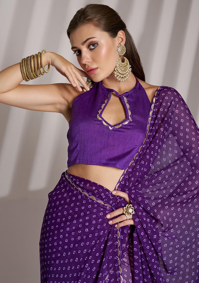 Lavender Abstract Print Georgette Saree Set