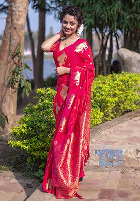 Pink Zari Woven Silk Saree Set