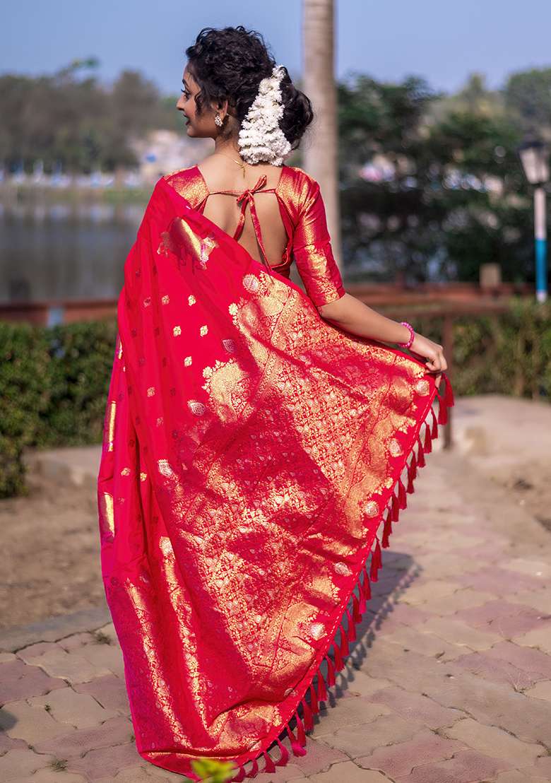Pink Zari Woven Silk Saree Set for Diwali | Wedding & Festive Wear - Indya