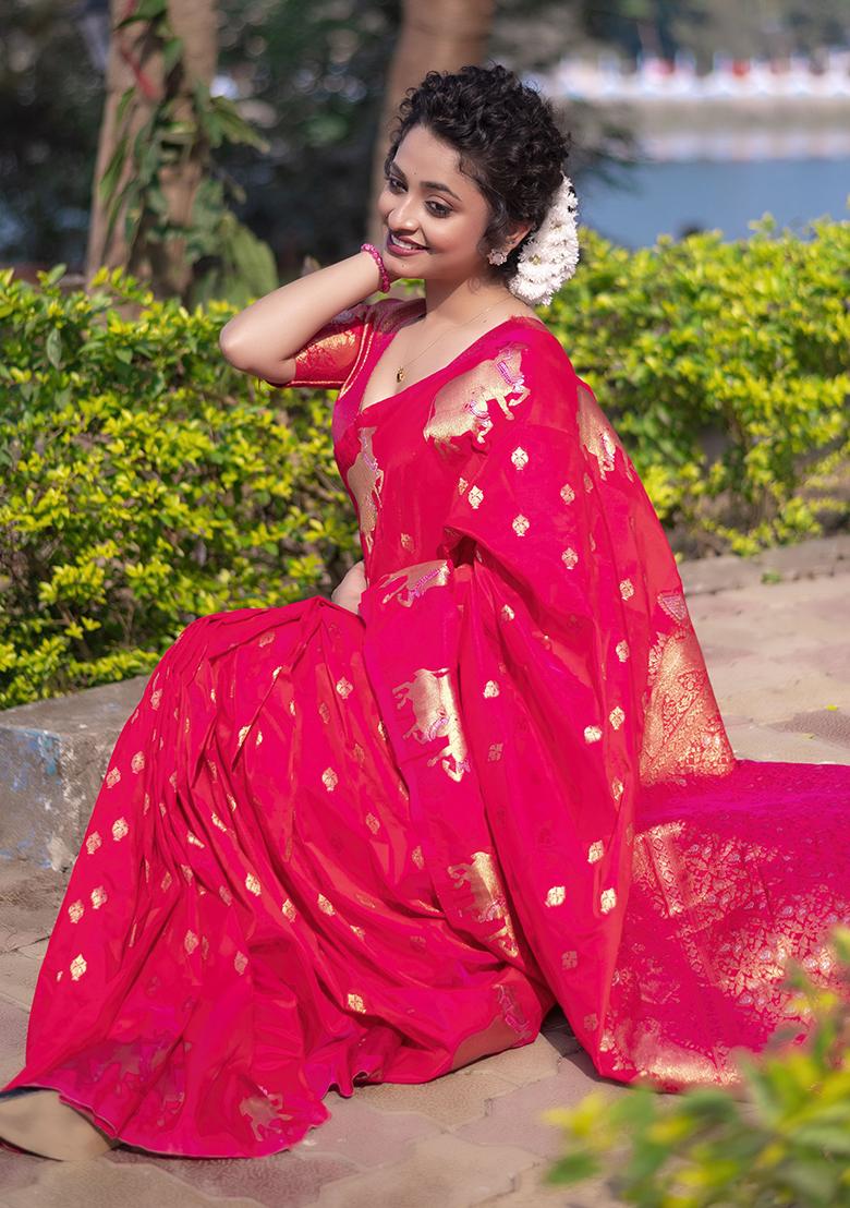 Pink Zari Woven Silk Saree Set