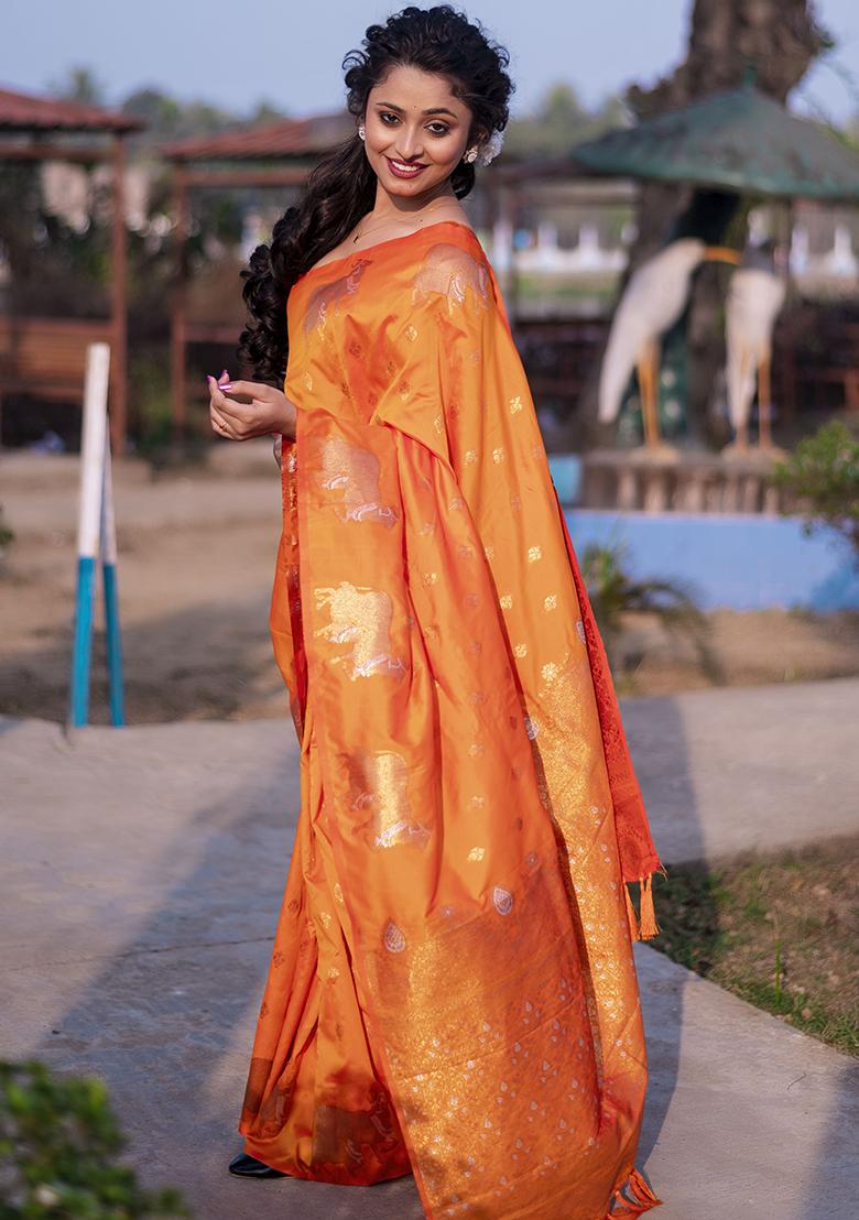 Orange Zari Woven Silk Saree Set
