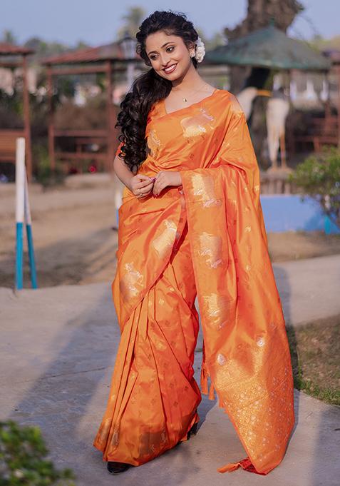 Orange Zari Woven Silk Saree Set