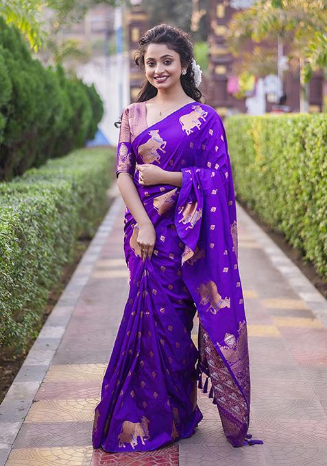 Lavender Zari Woven Silk Saree Set