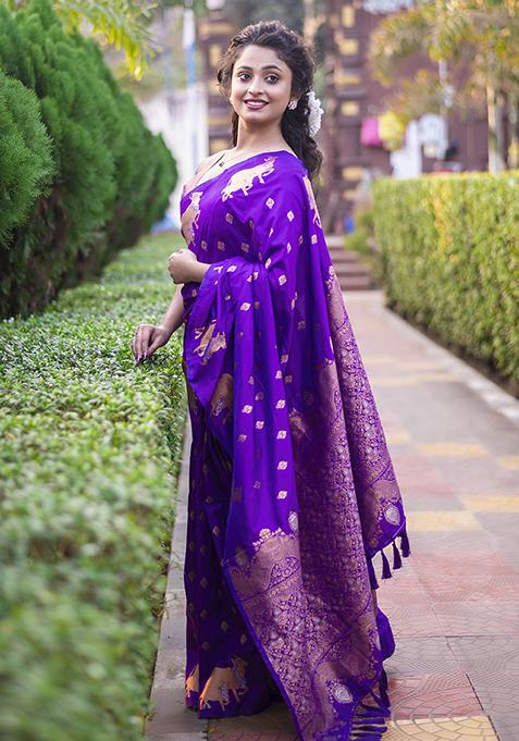 Lavender Zari Woven Silk Saree Set