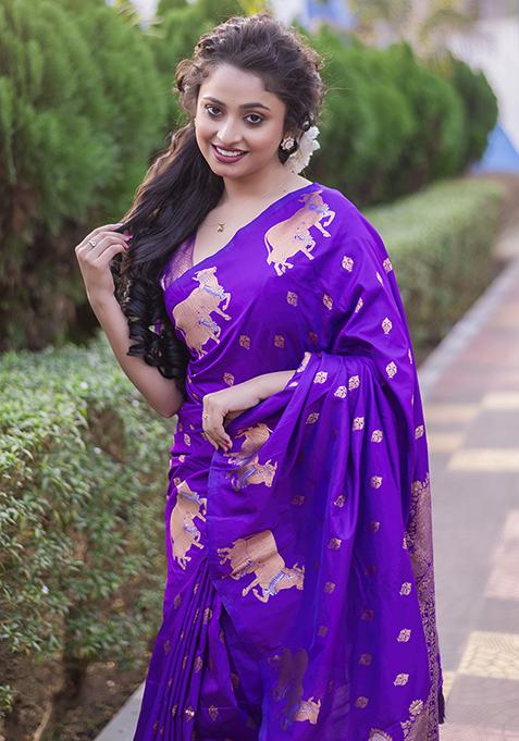 Lavender Zari Woven Silk Saree Set