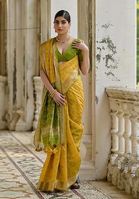 Yellow Printed Silk Saree Set